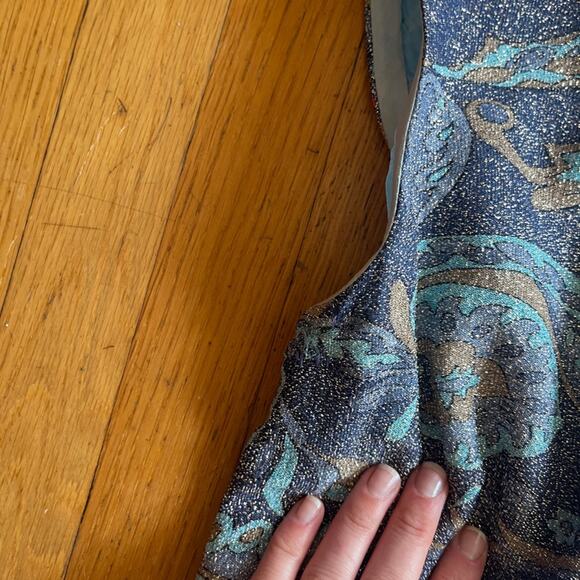 60s-70s Blue Paisley Lurex Hostess Dress - Picture 5 of 9